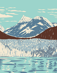 冰川湾国家公园和自然保护区与位于阿拉斯加朱诺以西的潮水冰川山脉峡湾 WPA 海报艺术