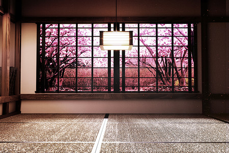 窗景摄影照片_原创设计 - 房间内部有窗景樱花树，日本