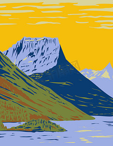 海报森林摄影照片_Waterton-Glacier International Peace Park 加拿大沃特顿湖国家公园和美国冰川国家公园的联合WPA海报艺术