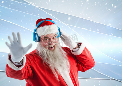 圣诞老人在 3D 耳机上听音乐时打手势