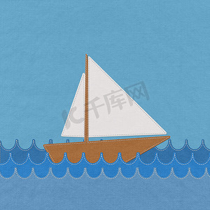 海中的船，织物背景上有缝线风格