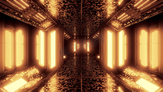 3d房间壁纸摄影照片_未来派科幻空间机库隧道走廊 3D 插图，带有砖块纹理和发光的灯光背景壁纸