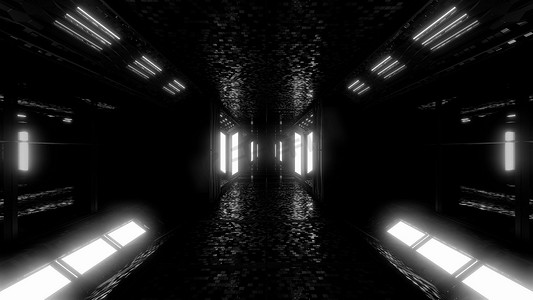 未来派科幻空间机库隧道走廊 3D 插图，带有砖块纹理和发光的灯光背景壁纸