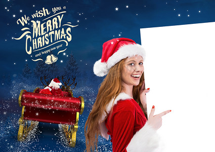 3D 穿着圣诞老人服装的女人指着标语牌，圣诞老人骑着驯鹿雪橇朝 sk