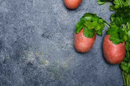 胡萝卜土豆摄影照片_深色背景中的萝卜、香菜、土豆、胡萝卜和红洋葱