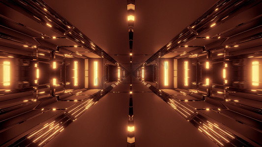 科幻炫酷摄影照片_具有酷炫漂亮反射 3d 渲染壁纸背景的未来派科幻隧道走廊