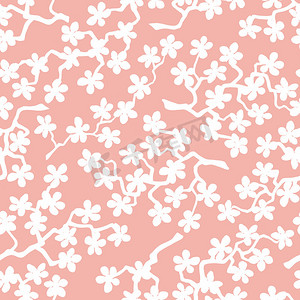 无缝图案与盛开的日本樱花枝条，用于织物、包装、壁纸、纺织品装饰、设计、邀请函、印刷品、礼品包装、制造。粉红色背景中的白花