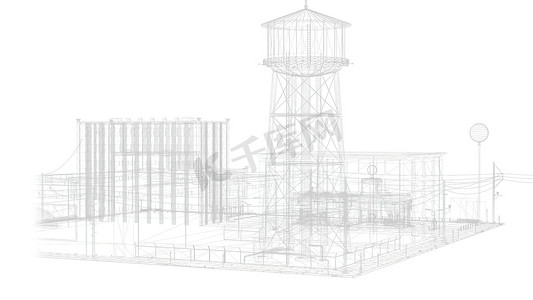 3d 渲染-工业建筑的线框模型和轮廓油箱绘图