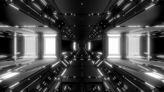 未来派科幻空间机库隧道走廊，底部有漂亮的反射和玻璃 3D 插图墙纸背景设计