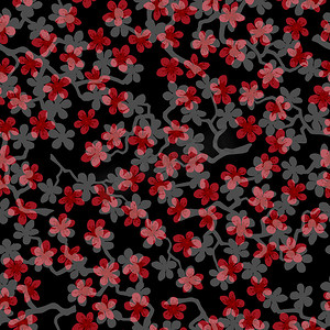 无缝图案与盛开的日本樱花枝条，用于织物、包装、壁纸、纺织品装饰、设计、邀请函、礼品包装、制造。黑色背景上的红色和灰色花朵。