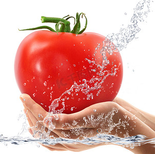 手中的新鲜西红柿掉进水里