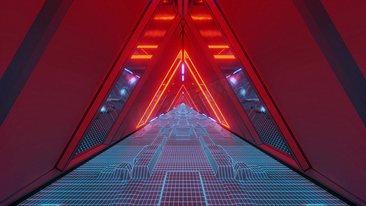 技术科幻太空战舰隧道走廊与发光线框底部玻璃窗 3d 插图壁纸背景图形设计