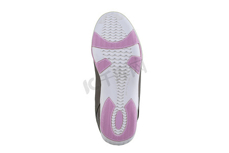 运动鞋摄影照片_白色粉色橡胶鞋底搭配白色背景运动鞋。