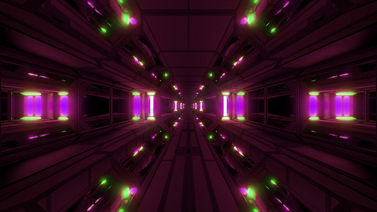 黑暗干净的未来派科幻空间机库隧道走廊与酷反射灯 3d 插图背景墙纸设计