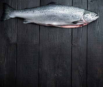黑色木质表面的新鲜生鳟鱼红鱼，平躺着，有文字空间