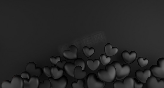 情人节的概念，黑色背景上的黑色心形气球。 