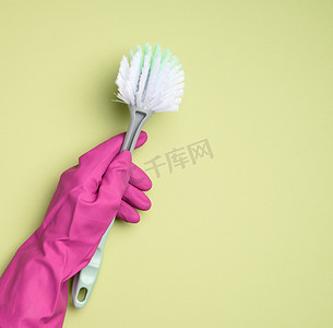绿色居家背景摄影照片_戴着紫色橡胶手套的女手拿着绿色背景上的塑料清洁刷