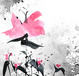 手绘花朵插图摄影照片_水彩粉红色的花朵