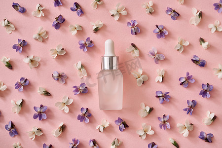 花瓶粉花摄影照片_春天的概念 — 一瓶粉红色纸背景上的精油，上面有新鲜的紫罗兰花