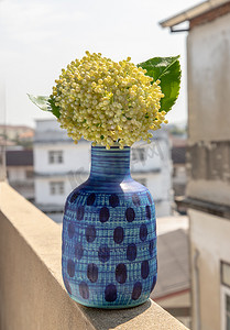 中式阳台摄影照片_阳台屋旧水泥墙上的蓝色陶瓷花瓶里放着一束鲜花。