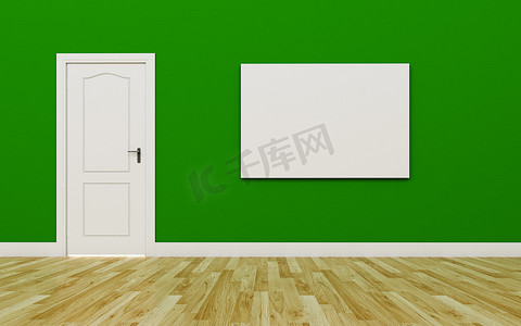 棕色海报摄影照片_绿墙上紧闭的白门，一张空白海报，木地板
