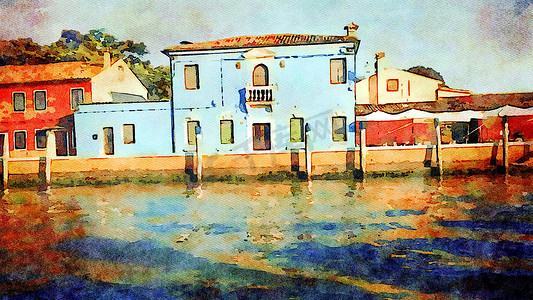 彩色建筑摄影照片_威尼斯布拉诺的一条运河上的一些典型的彩色建筑
