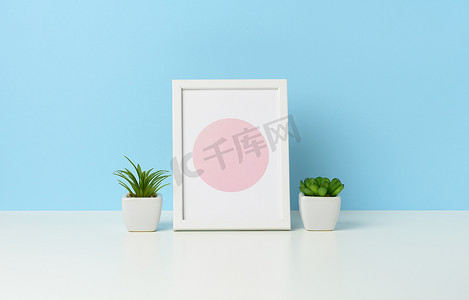 空的白色木制相框和花盆，白桌上有植物