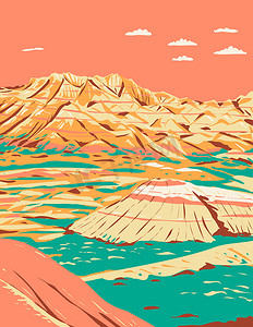 美国南达科他州荒地国家公园层状岩层的戏剧性景观 WPA 海报艺术