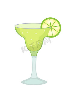 鸡尾酒杯图标摄影照片_玛格丽塔鸡尾酒杯和龙舌兰酒与石灰切片图标平面，卡通风格。