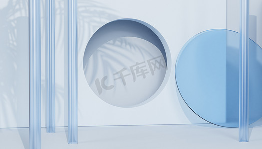 夏季蓝色背景与玻璃物体和热带树叶阴影，3d 插图渲染