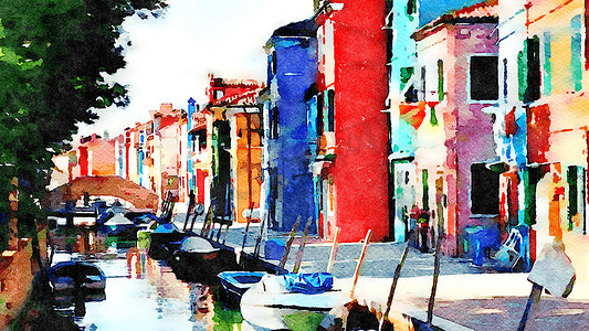 威尼斯布拉诺的一些典型的彩色建筑和一条运河上的桥梁