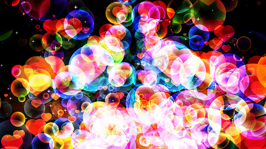 黑色屏幕上漂浮着跳动的心的彩虹抽象维度气泡