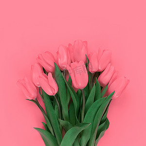 喜庆海报背景摄影照片_柔和的粉红色背景上的郁金香花束。