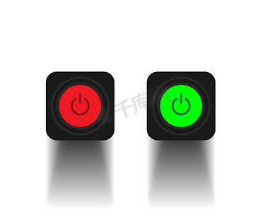 一组 2 个带有黑色背景的 On Off 滑块式电源按钮，Off 按钮包含在红色图标中，On 按钮包含在绿色图标中，
