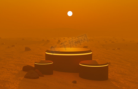 火星基地摄影照片_火星景观上的产品讲台