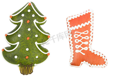 “圣诞树和姜饼红靴子，圣诞饼干”