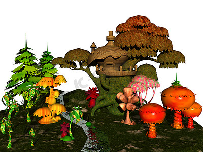 童话般的风景，蘑菇和矮房子