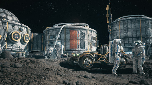 月球表面、月球殖民地和在月球车旁边的月球基地工作的宇航员的视图。 