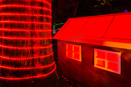 红木树旁的装饰屋，四周环绕着红灯