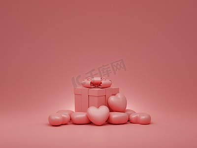 情人节概念、粉红色的心和带粉红色背景丝带的礼品盒。 
