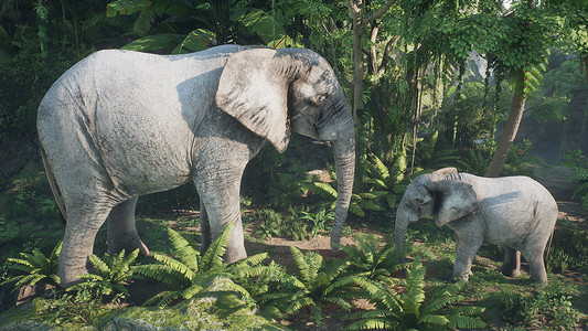 亲子小象摄影照片_一头非洲象和一头小象正在绿色丛林中吃植物。