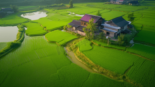 无人机航拍农村稻田和房屋