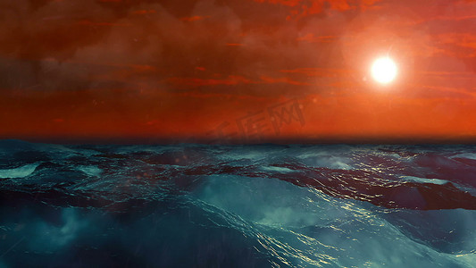 天空背景高清摄影照片_波涛汹涌的大海上美丽的夕阳，3D 渲染