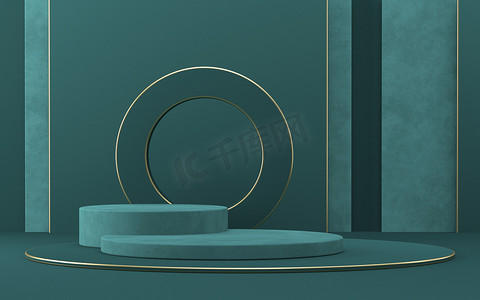 绿色产品展示摄影照片_带条纹墙 3D 的产品展示圆筒舞台模拟讲台