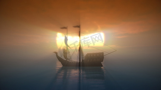 帆船矢量摄影照片_海上夕阳下的老船