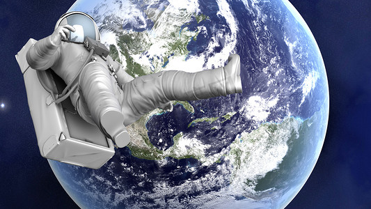 蓝色宇航员摄影照片_漂浮在地球上空的宇航员