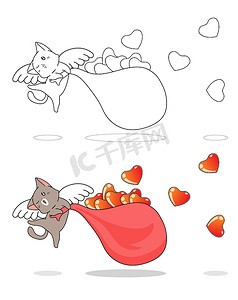 可爱的丘比特猫和红心卡通很容易为孩子们着色