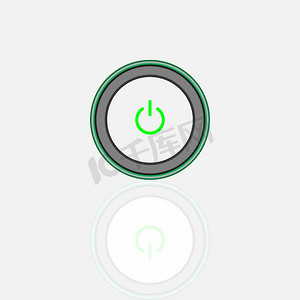 带有白色、灰色和绿色圆形背景的开启关闭按钮式电源按钮。 