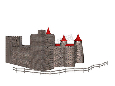 蓝色庄严摄影照片_带有塔楼和城垛的古老城堡建筑群