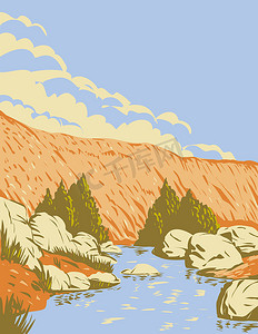 Badger Springs 峡谷和 Agua Fria 河位于美国亚利桑那州 Agua Fria 国家纪念碑 WPA 海报艺术